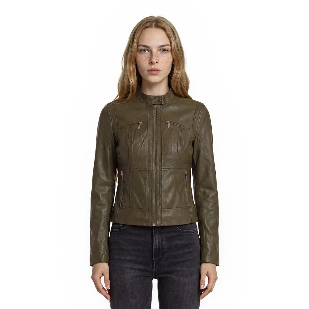Michael Kors Leather Moto Jacket Women's Size Small Olive Green Biker Coat Lined